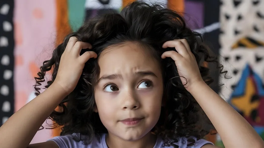 Chica tocándose el cabello rizado decidiendo ir a la peluquería